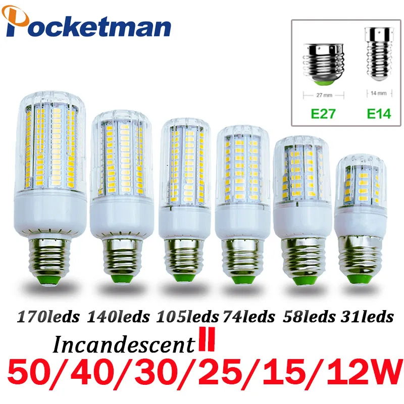 

Светодиодная лампочка SMD5736 E27 E14, светодиодная лампа накаливания 50 Вт, 40 Вт, 30 Вт, 25 Вт, 15 Вт, 12 Вт, 7 Вт, заменяемая стандартная лампочка 220 В, светодиодсветильник лампочка «Кукуруза» для дома