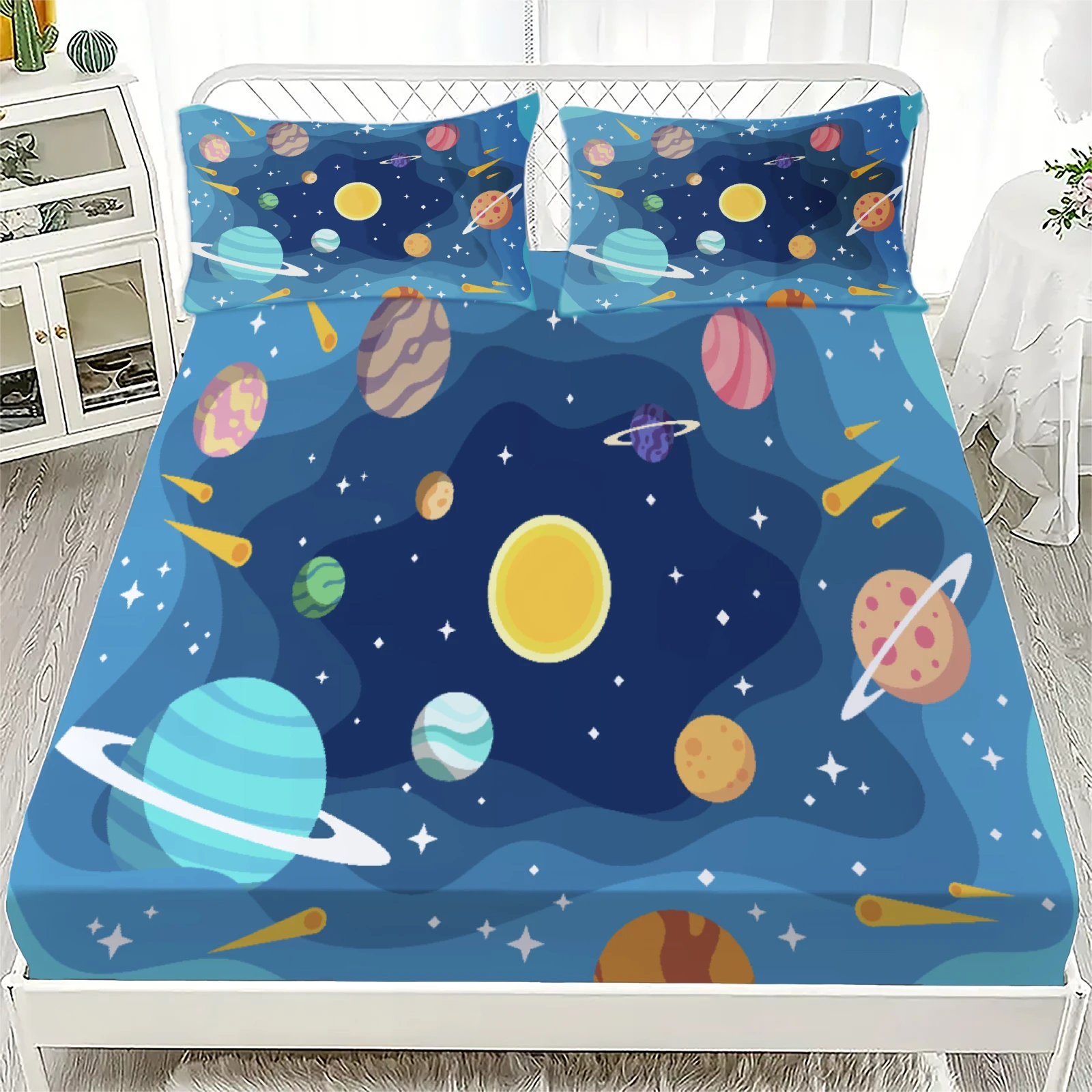 3pcs Soft Playful Fitted Sheet Set 100%Polyester Space Planets Stars Galaxies Universe Printed Bed Sheet With 2Pillowcases