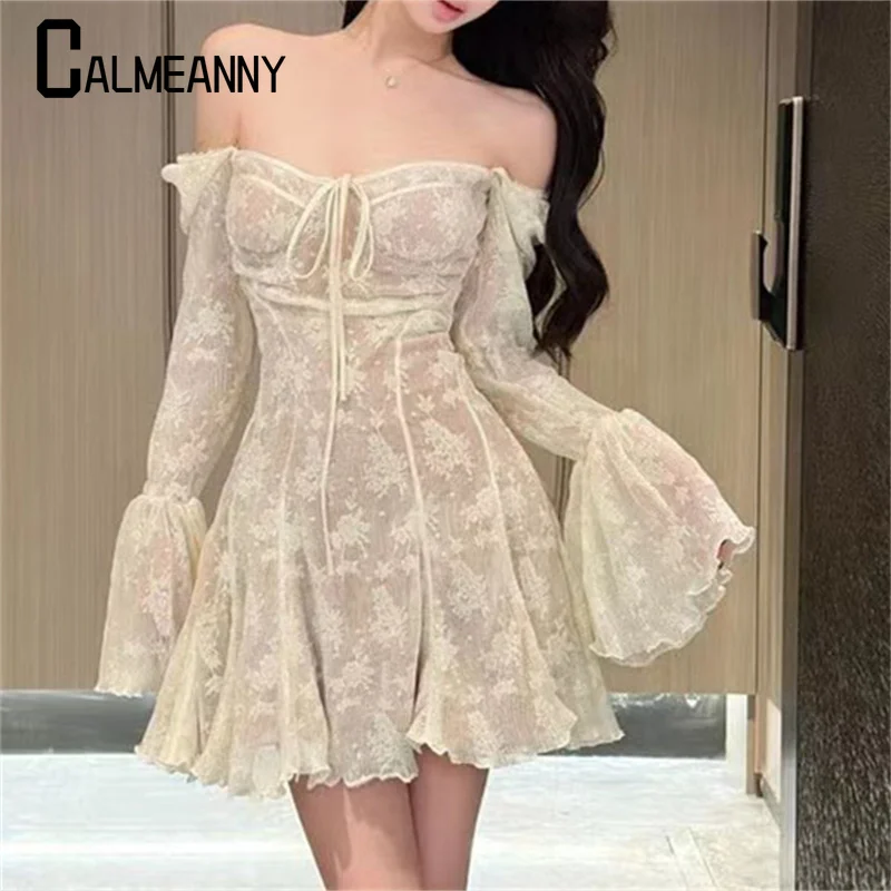 2024 Summer Women\'s Dress Fashion New Korean Edition Long Sleeve Square Collar Vintage Lady Dresses Sexy Lace Party Mini Dress