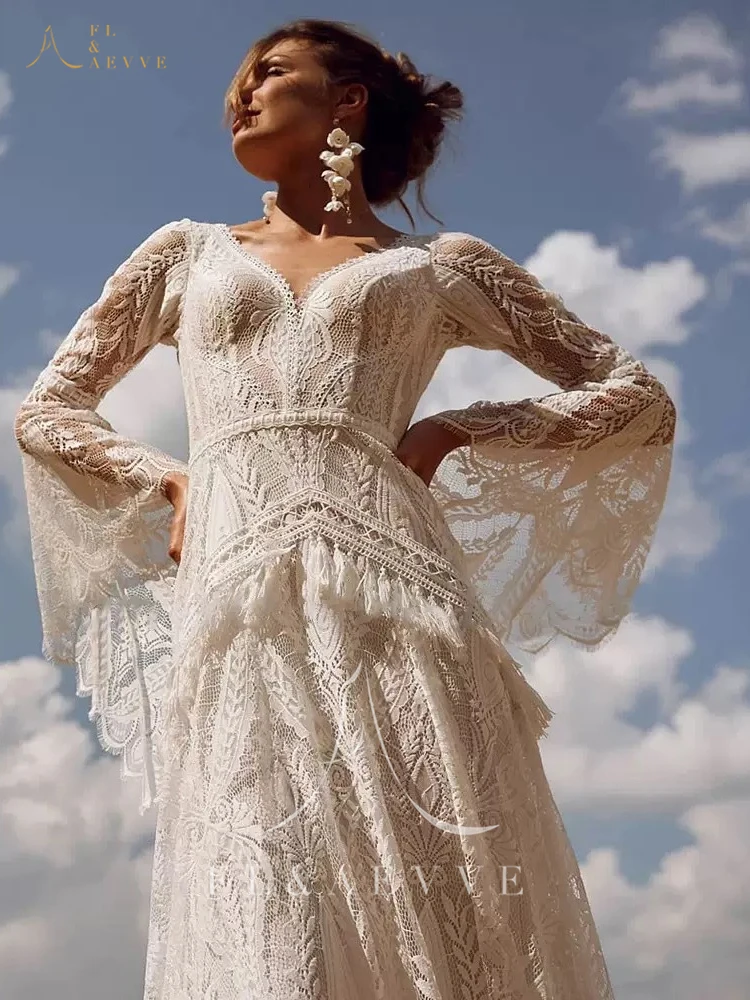 FL & AEVVE فستان زفاف أنيق من الدانتيل البوهيمي المدنية بأكمام طويلة مخصصة فستان زفاف هيبي كروشيه فستان غاتسبي Elvish رداء #3