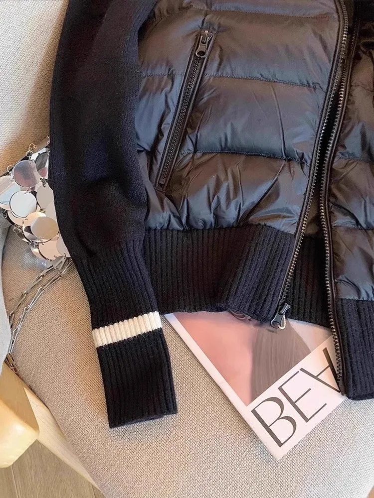 Chaqueta de algodón para mujer, abrigos de manga larga tejidos con empalme de contraste de Color para otoño e invierno, ropa de abrigo ligera con cuello levantado