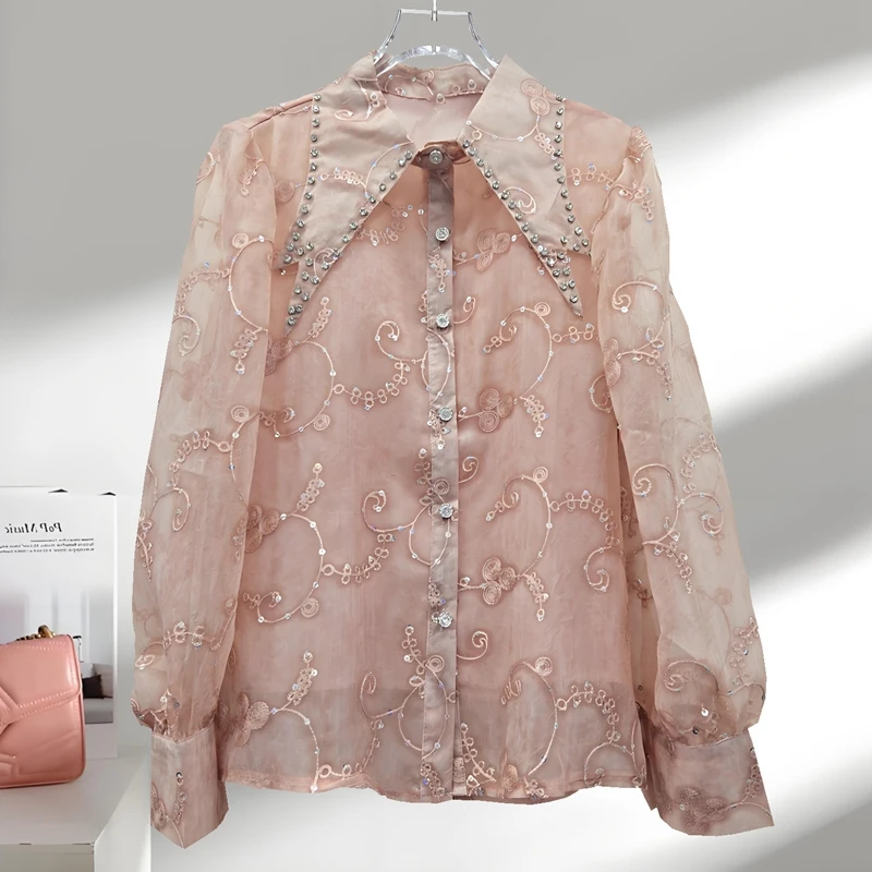 

French Style Light Luxury Puff Sleeve Shirt Women Autumn Diamond Loose Blouse Celebrity Royal Beautiful Top