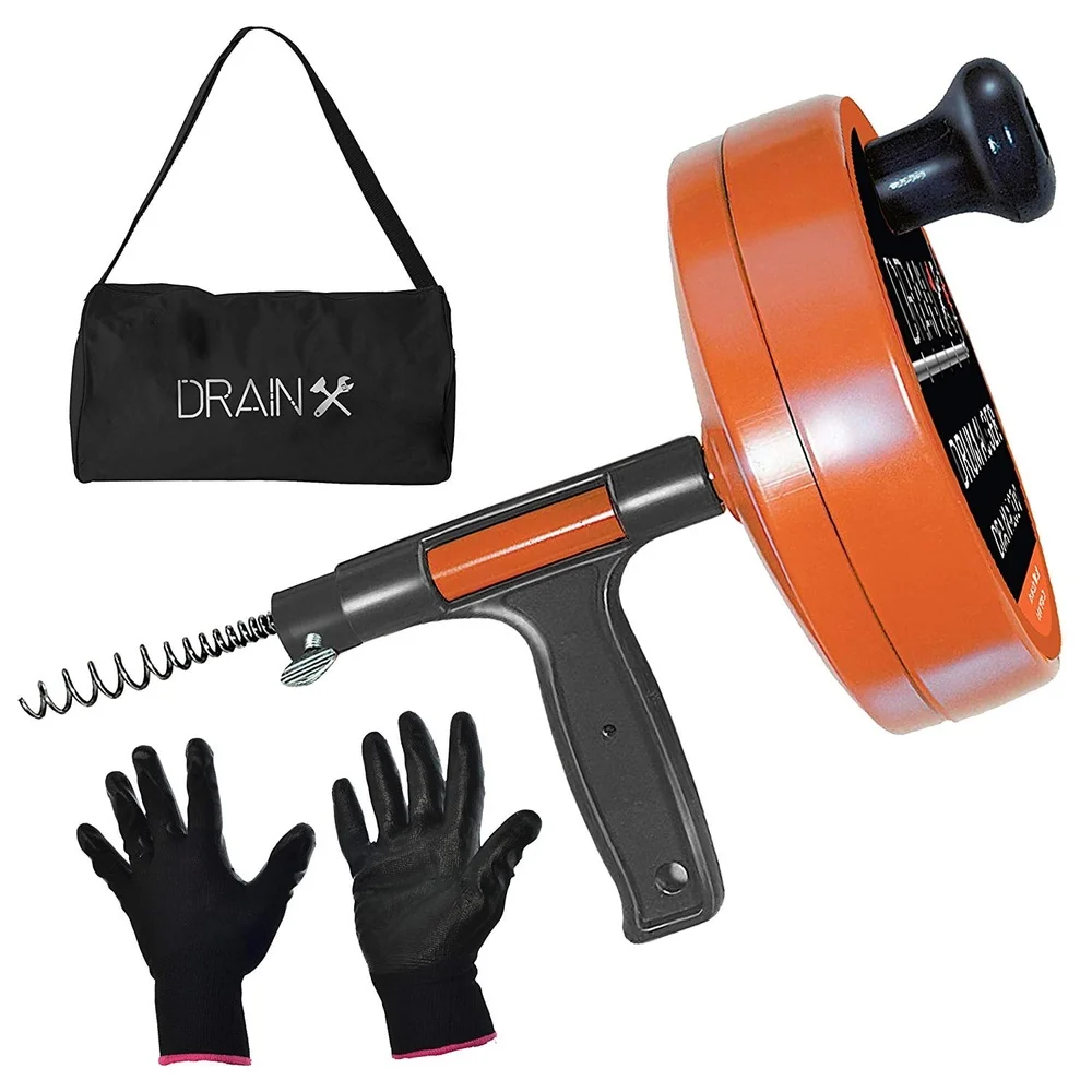Heavy Duty 25ft Steel Drum Auger Plumbing Snake พร้อมถุงมือและถุงเก็บ ทําความสะอาดท่อระบายน้ําได้ง่ายในอ่างล้างจานและฝักบัว