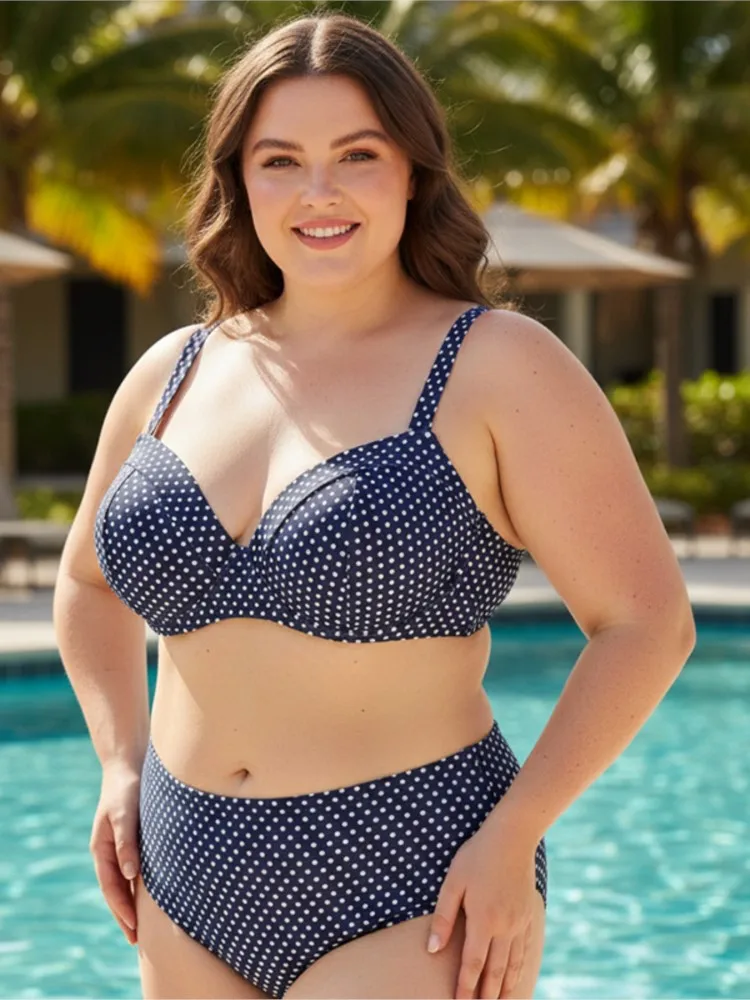 5XL Plus Size Swimwear Women High Waist Bikini Push Up Large Size Swimsuit Summer Mujer Bathing Suit Blue Dot