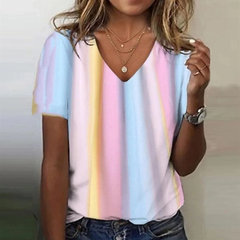 

Gradient Colours Graphic 3D Print T-Shirts New Women V-Neck Short Sleeve T Shirt Y2K Tees Oversized Harajuku Top Female Clothing