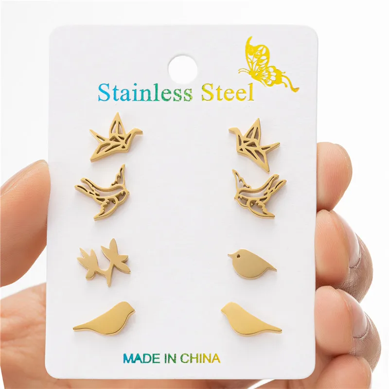 4Pairs/Lot Stainless Steel Origami Crane Earrings Little Birds Jewelry Small Dove Swallow Studs Fancy Animal Pendientes Gift