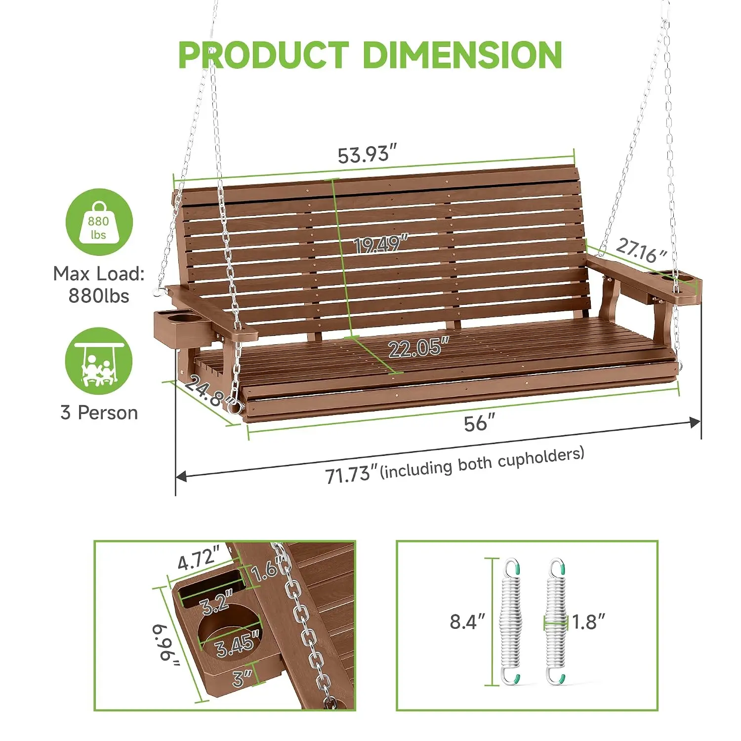 Wooden 3 Person Outdoor Hanging Porch Swing with Cup Holders, 22