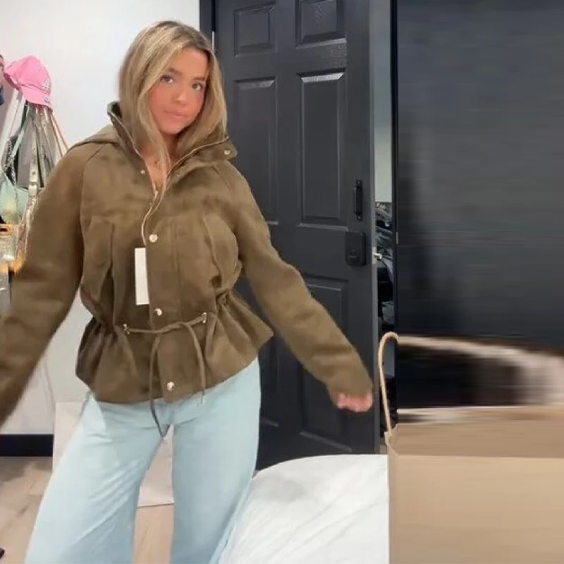 

Vintage Green Standing Collar Short Jacket Adjustable Arawstring With Pockets Zipper Hooded Coat Winter Retro Commuting Outfit