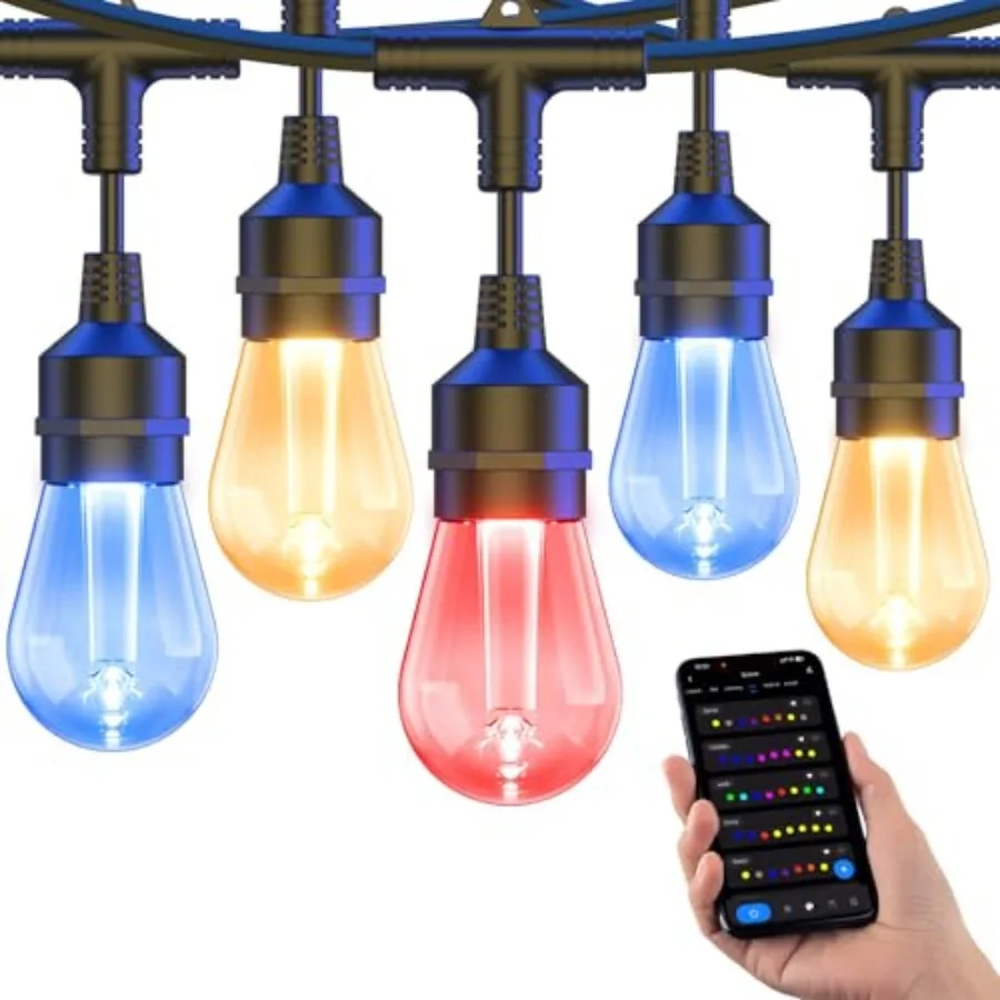 Outdoor String Lights Smart 49Feet RGBCWIC Patio Lights Waterproof App Control Compatible with Alexa Color Changing LED String