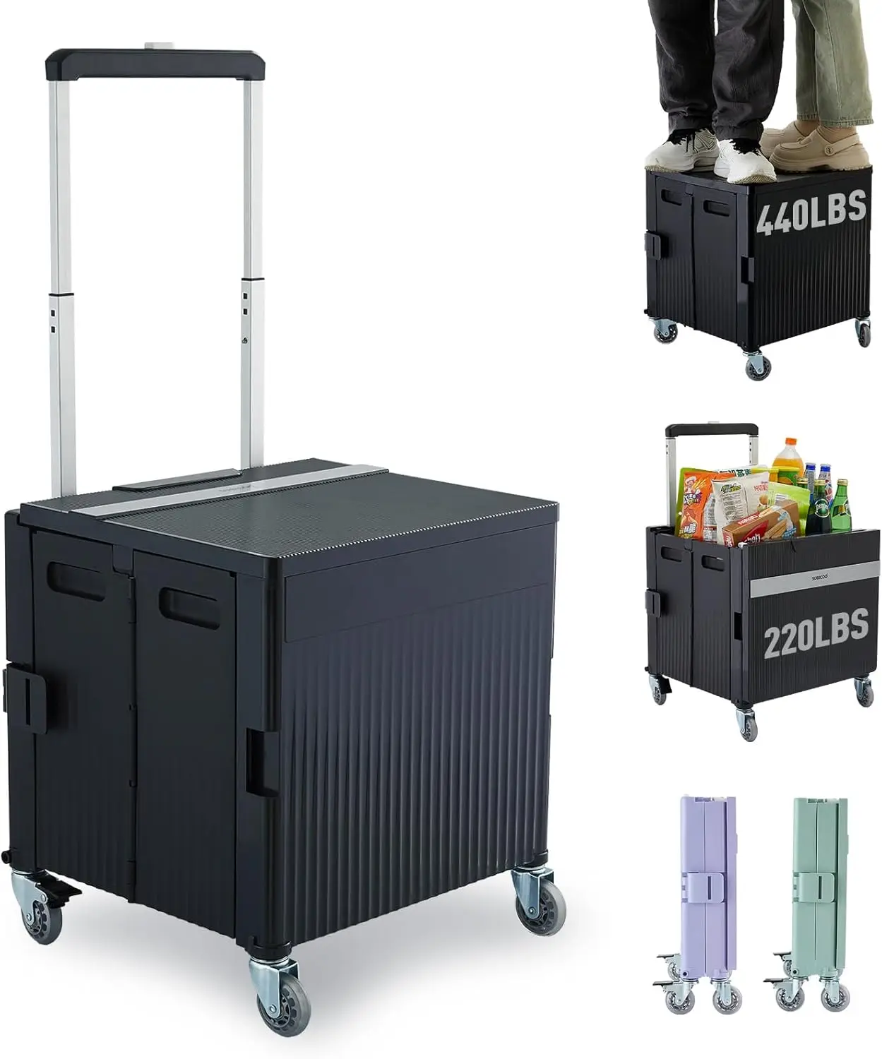 

Foldable Rolling Cart with Lid, 200kg Capacity, Collapsible for Shopping, Office, Camping (Black)