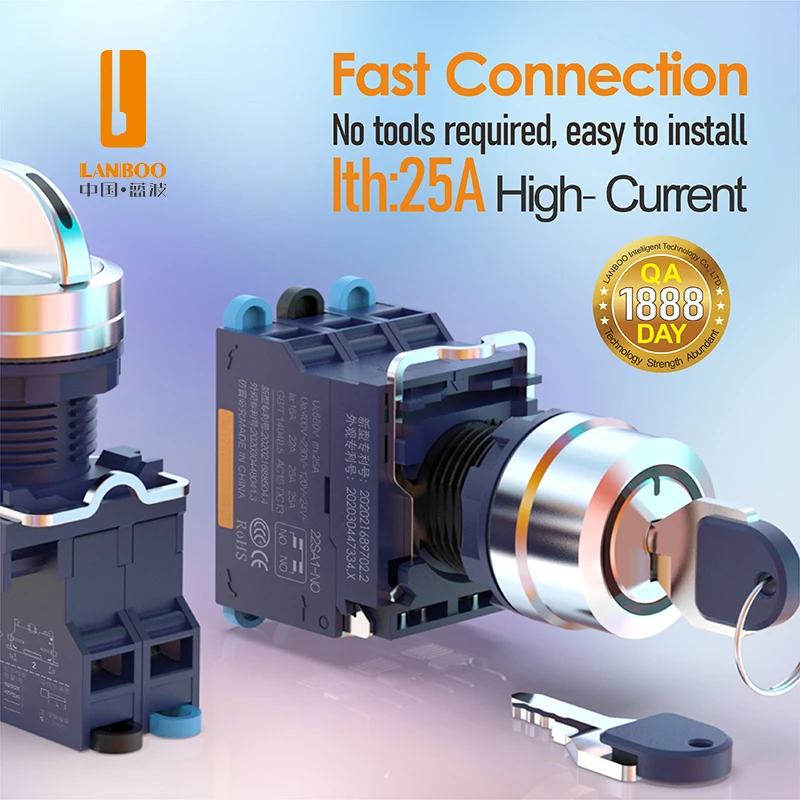 LANBOO SA1 Quick-Connect Metal Key/Plastic Rotary Switch, 25A High Current, with Red and Green Indicator Lights, 1 Normally Open