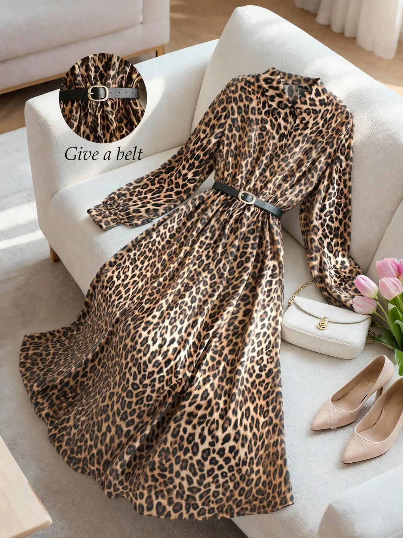 

Leopard Print Long Sleeve Midi Dress with Belt for Women, Casual Autumn Fashion