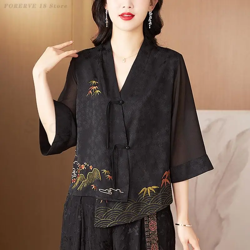 Chinese Ethnic Style Blouse Embroidery V-Neck Hanfu Tops Traditional Oriental Shirt Tea Art Oriental Tang Clothes Retro Top 4XL