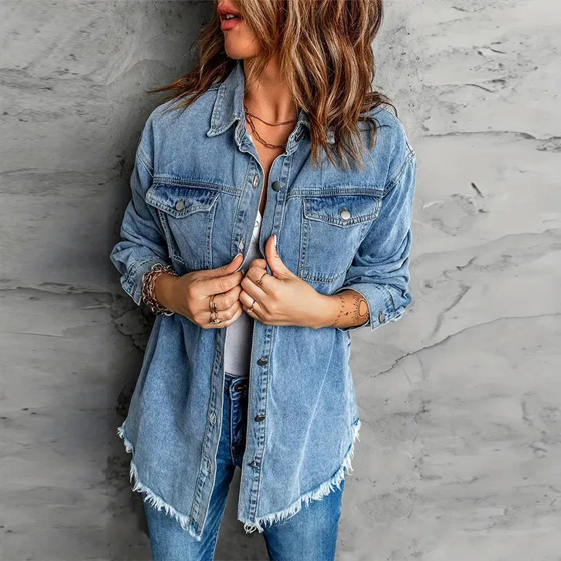 

Denim Shirt Coat Women Washed Jackets Pockets Turn Down Collar Single Breasted Outerwear Female Overshirt 2025 Streetwear