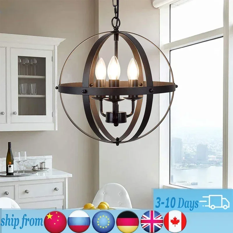 Ganeed Pendant Indoor Light Creative Metal Round Vintage Hanging Lamp Retro Chandelier Spherical Chain Fixture Chrome-C