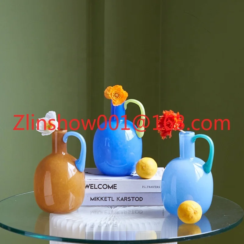 Handblown Glossy Glass Vases Colorful Amber Cobalt Pastel Blue Decorative Curved Handle Design for Glass Crystal Vases