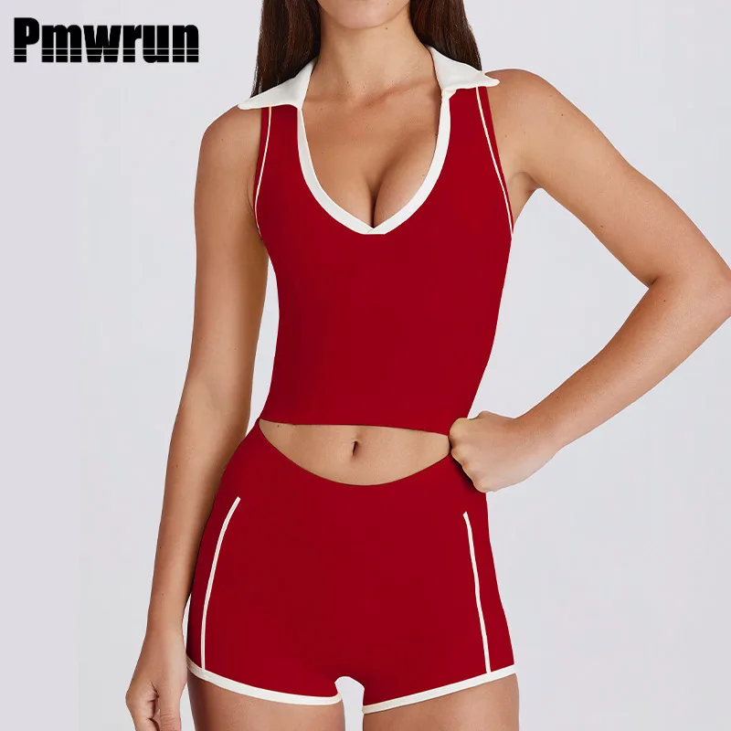 

PMWRUN женские костюмы для йоги и пилатеса для фитнеса без рукавов с контрастным воротником и v-образным вырезом, майка, бюстгальтер с мягким нагрудным ковриком, комплект шорт для бега