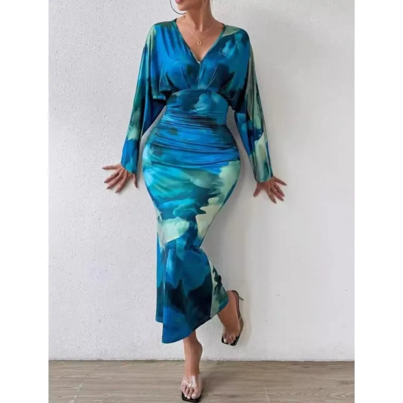 

Женские макси-платья с принтом для отдыха, повседневные платья в стиле ретро с длинным рукавом и v-образным вырезом, облегающие летние весенние платья, винтажные офисные женские платья