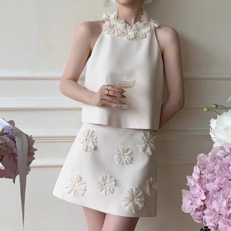 2024 Summer New French Elegant Immortal Wealth Gang Gold Flower Tank Top Skirt Set  women tops  corset top