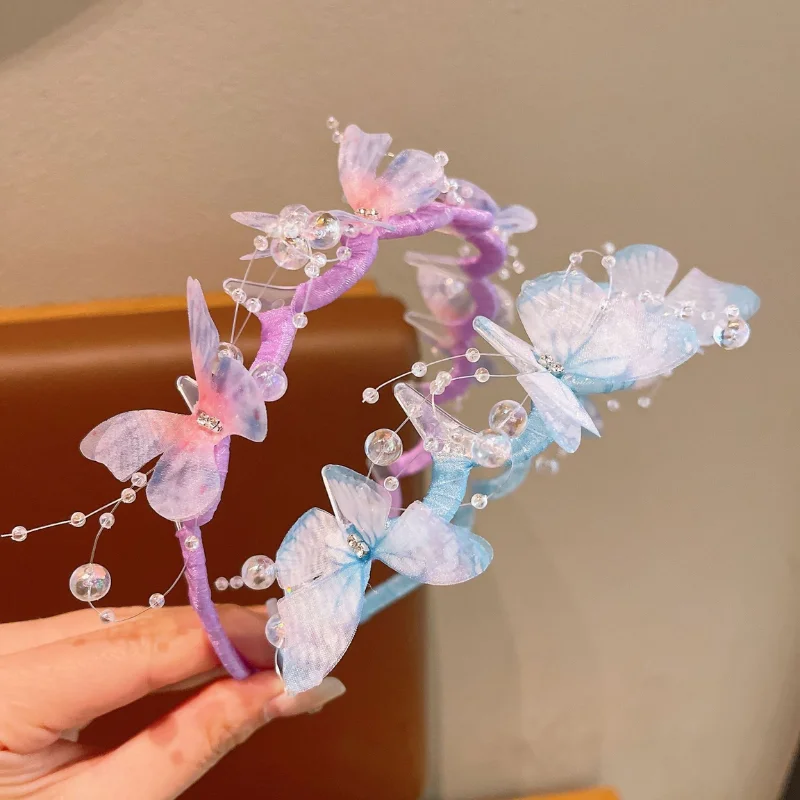 Kids Pearl Butterfly Headband, Fairy Princess Tiara Style, Flyaway Hair Sticker Helper, Girls’ Party Holiday Gift
