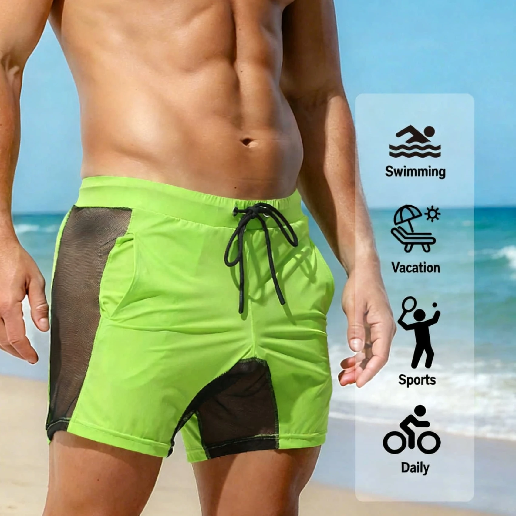 Men Summer 3 Inch Sports Shorts Quick Dry Mesh Breathable See-through Beach Shorts Lightweight Running Gym Workout Board Shorts