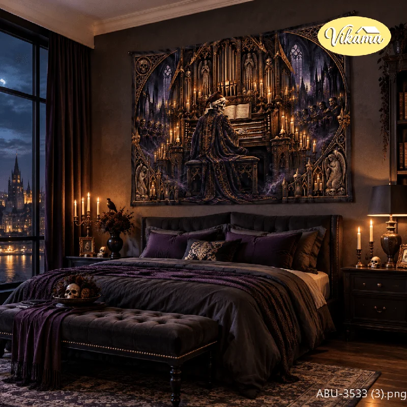 VIKAMA Skeleton Organ Player Cathedral Wall Tapestry Candle Gothic Victorian Dark Purple Home Decor Indoor Art Soft Durable Cozy