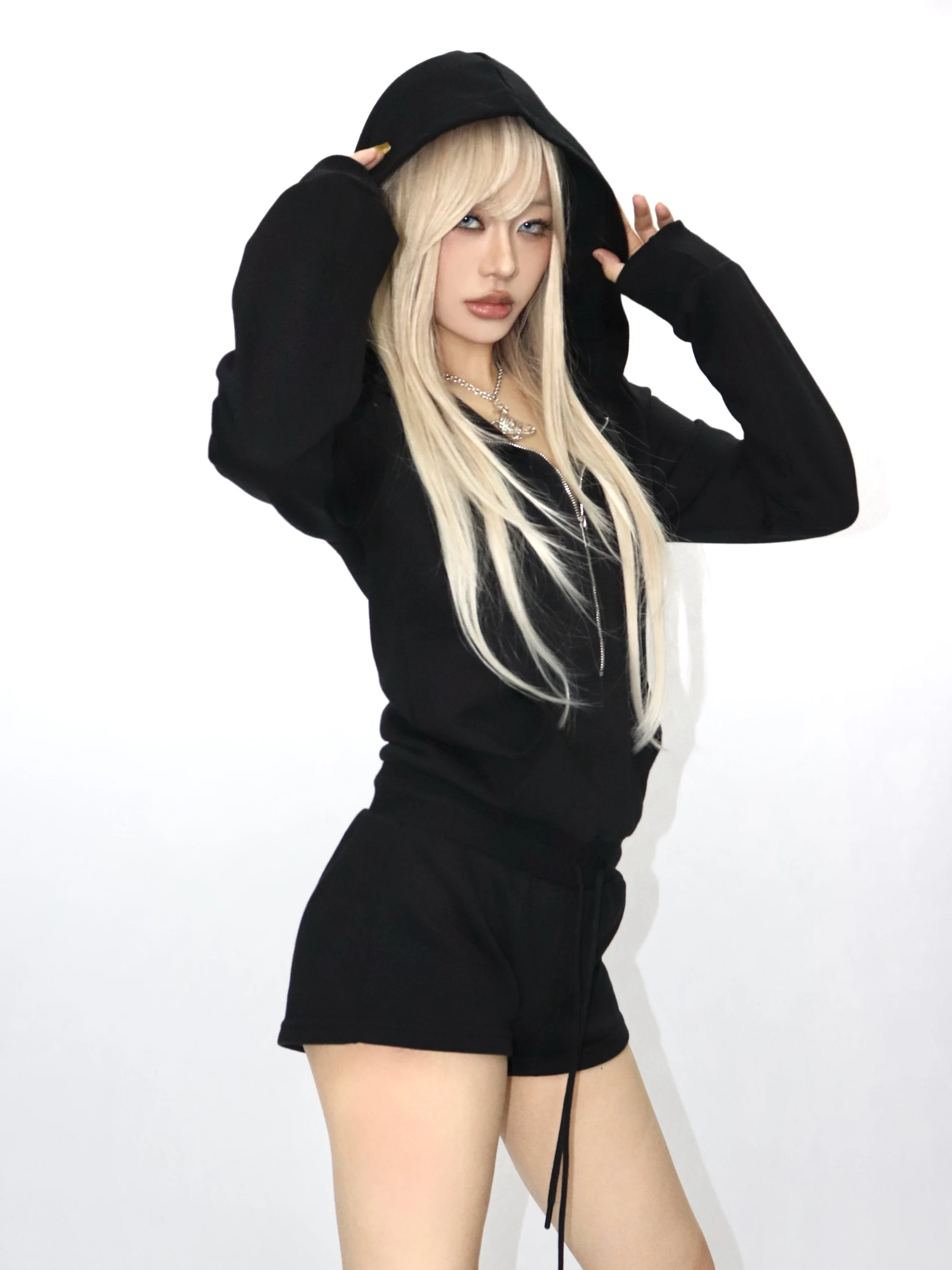 

Onnaseni Original Hooded Sweatirt Jumpsuit Rivet Weathered Print Bla Street Sle Low Waist orts Cotton Blend