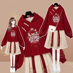 Plus Size Women's Winter Red Long Sleeve Sweatshirt Half Skirt Two Piece Set Hanfu Women Chinese Style New Year Colthing New