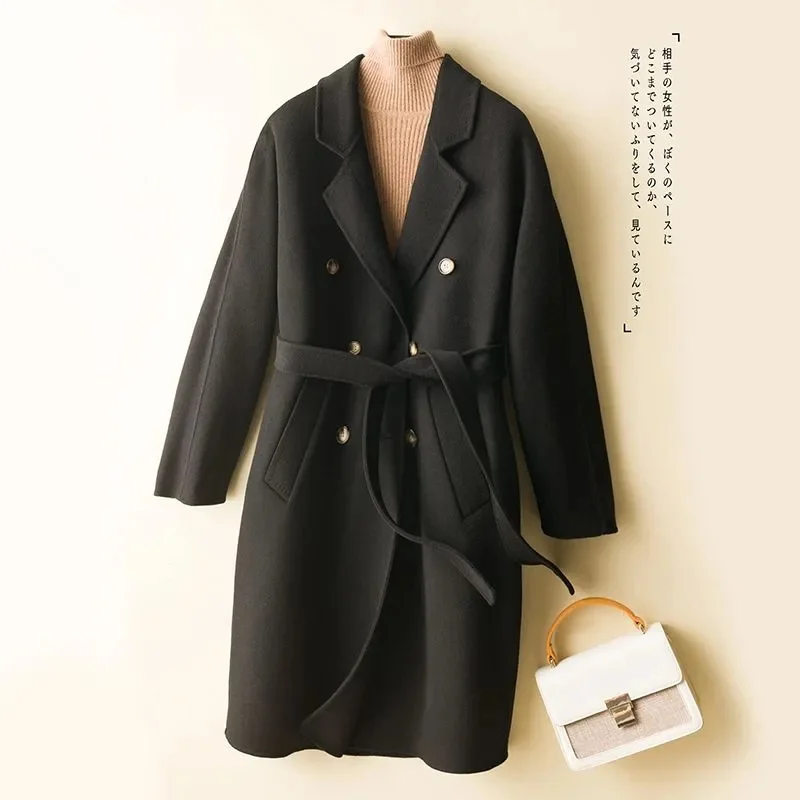 100% Wool Women Coat Autumn Wool Overcoat Winter Warm Double-sided Cashmere Long Coats Lady Double Breasted Belt 2025