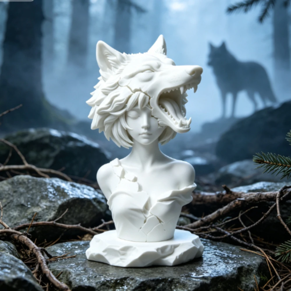 Mini Split Wolf Beast Head Lady Bust Figurine 3DPrinted Desktop Ornament Dark Fantasy Gaming Desk Bookshelf Decor DIY Model Gift
