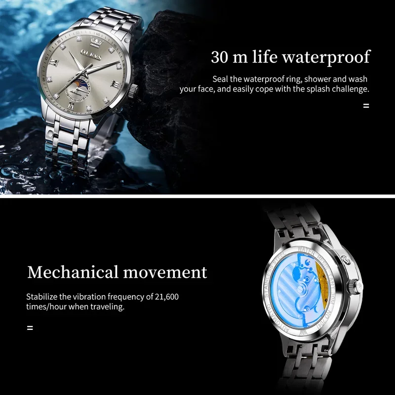 OLEVS Original Men's Automatic Movement Watch Mechanical Classic Wristwatch Moon Stainless Steel Waterproof Luxury Watch 7041