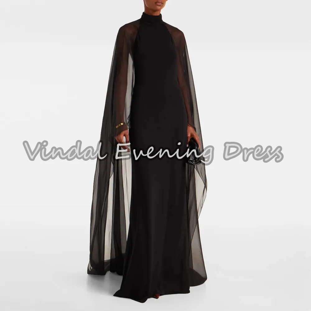 

Vindal Crepe A-line O-neck Draped Floor Length Simple Saudi Evening Dresses For Women 2025 With Long Sleeves Backless Party Gown