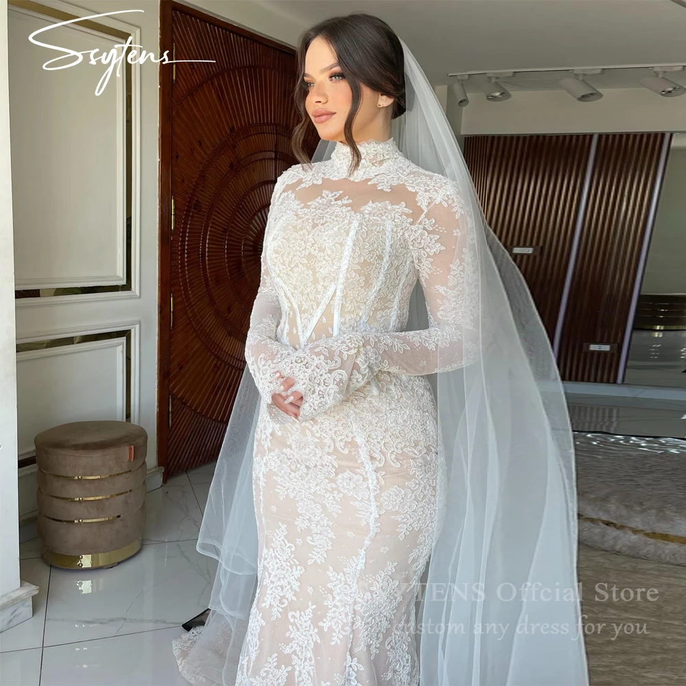 SSYTENS Spitze Brautkleider High Neck Lange Meerjungfrau Braut Kleid Saudi-Arabien Brautkleid Angepasst Luxuriöse vestidos de novia