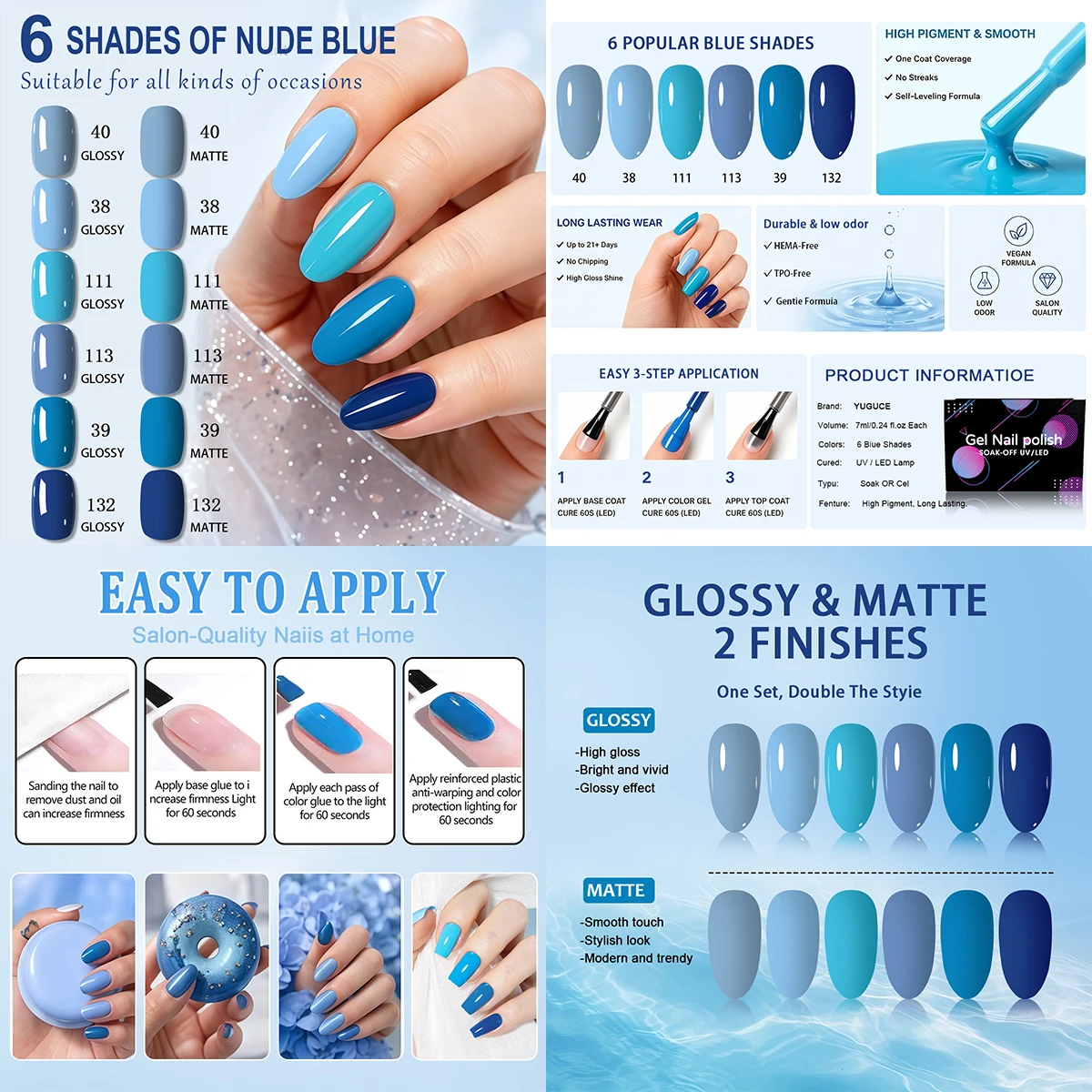 6-piece blue-toned gel nail po - огляд і ціна Nail Art Denim