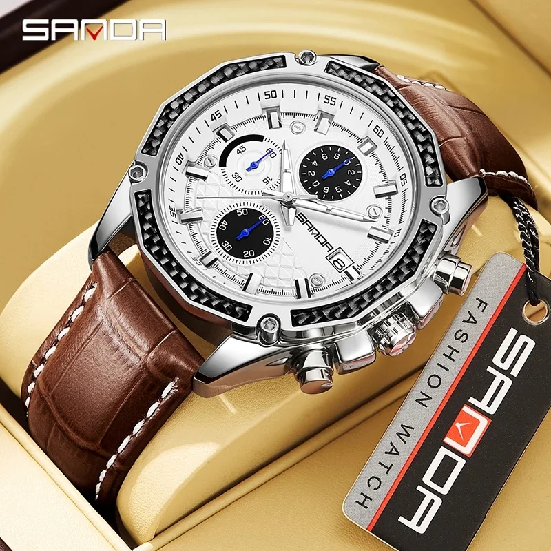 Fashion Sanda Top Brand Quartz Watch Leather Three Eyes And Six Needles Trend With Calendar Men's Gift Fluorescent Wrist Watches