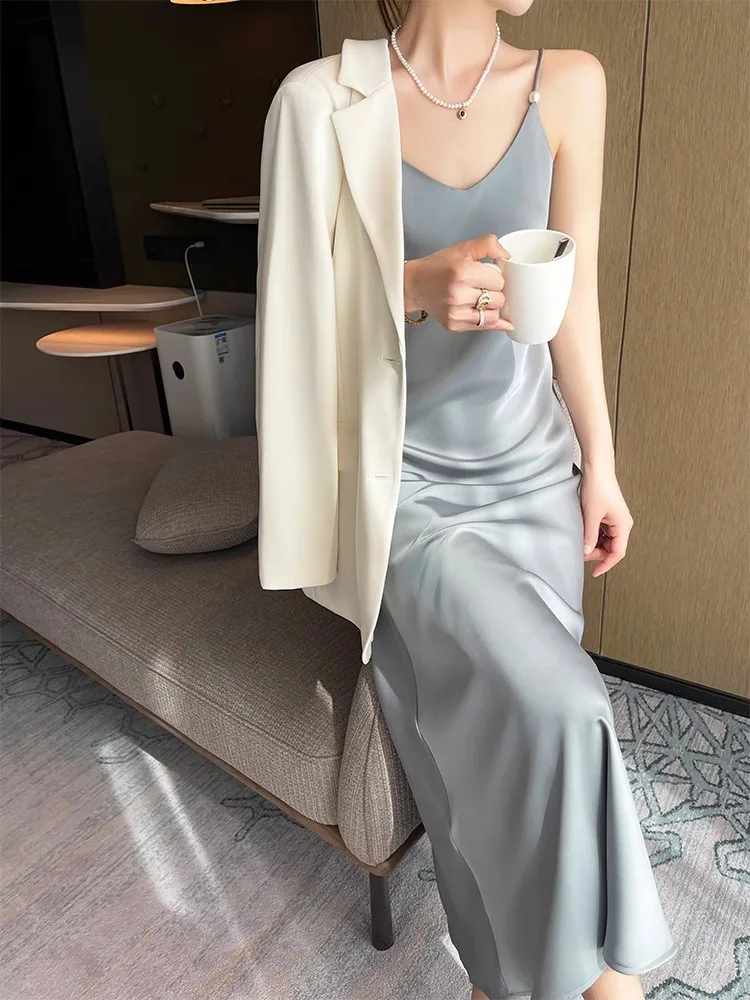 Red Acetate Satin ter Dr Women's 2025 New Sle Suit Inner Wear Long Dr High Waist A-Line Skirt V-Ne Svel