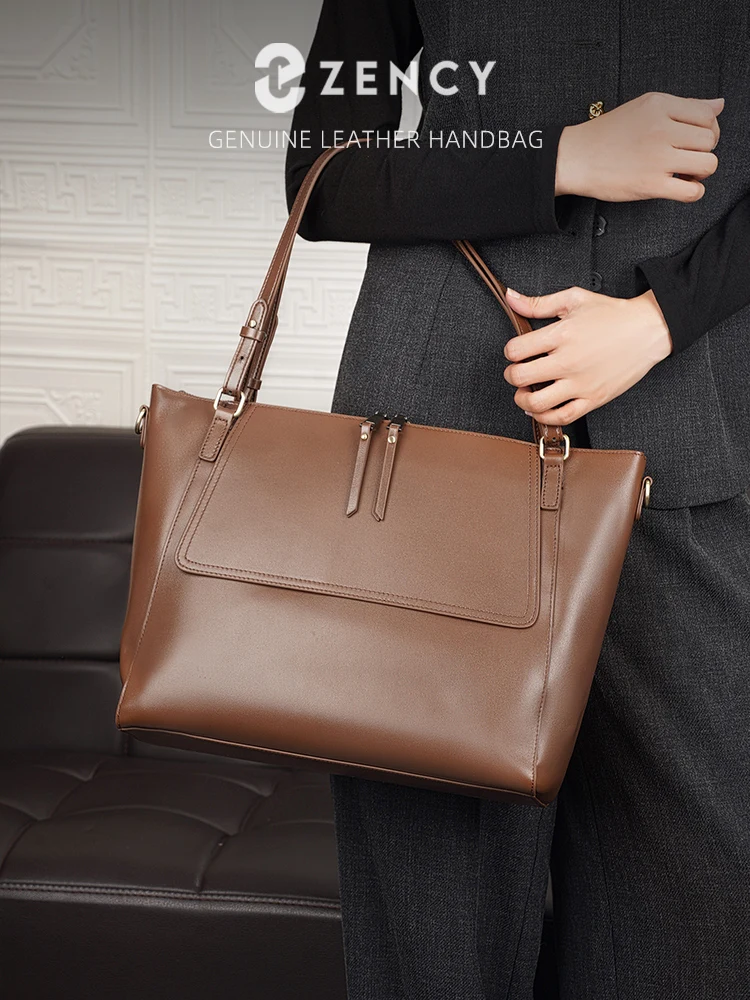 Zency Premium Genuine Leather Women Shoulder Bag Top Large Work Tote Handbag For A4 14inch Laptop Crossbody Structured Satchel