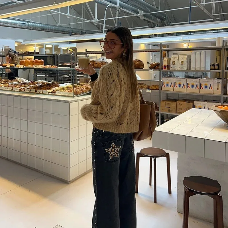 레오파드 스타 청바지 Y2K 여성 새로운 패션 하이 웨스트 지퍼 스트레이트 청바지 여성 캐주얼 streetwear 하라주쿠 힙합 블랙 바지