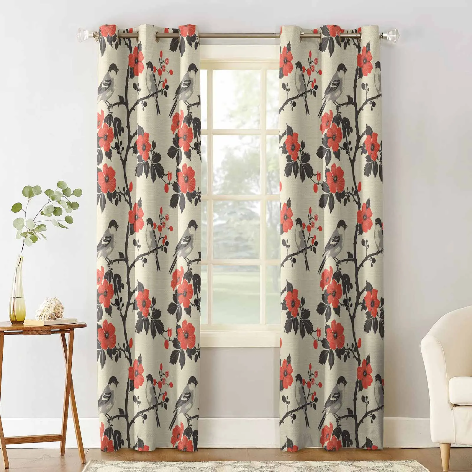 Plant Flower Bird Branch Window Curtains for Living Room Kitchen Curtain Bedroom Decorative Window Treatments