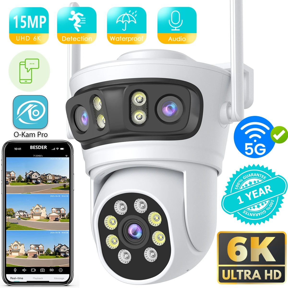 

15MP Wifi Camera Outdoor Auto Tracking Multi Screens 5X Digital Zoom PTZ Security Protection CCTV Surveillance O-Kam Pro