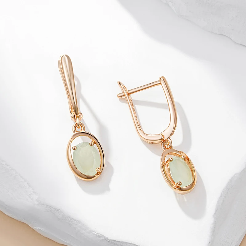 Kienl New Simple 585 Rose Gold Dangle Earrings for Women Fashion Oval Green Natural Zircon Accessories Vintage Wedding Jewelry