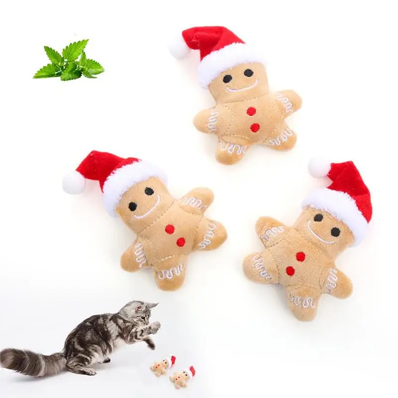 1pcs Pet Cute Christmas Gingerbread Man Cat Teaser Plush Toy Interactive Toy For Cat Indoor Supplies Teething Toys Gift