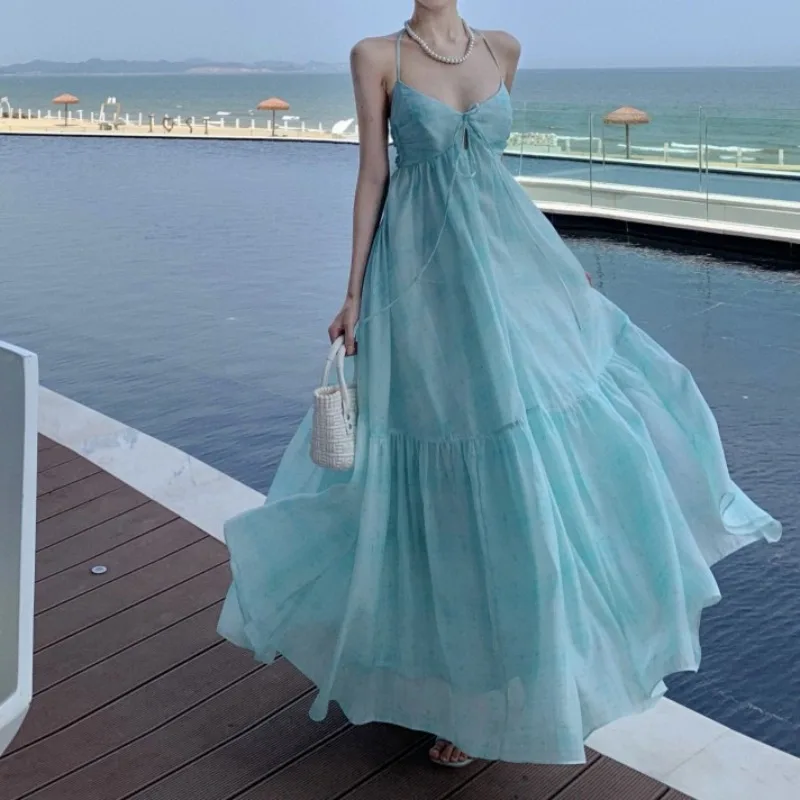 2025 Nuovo Casual Verde Menta Abito da Donna Estivo Streetwear Fata Appeso al Collo Elegante Stampa Floreale Abiti Maxi con Spalle Scoperte
