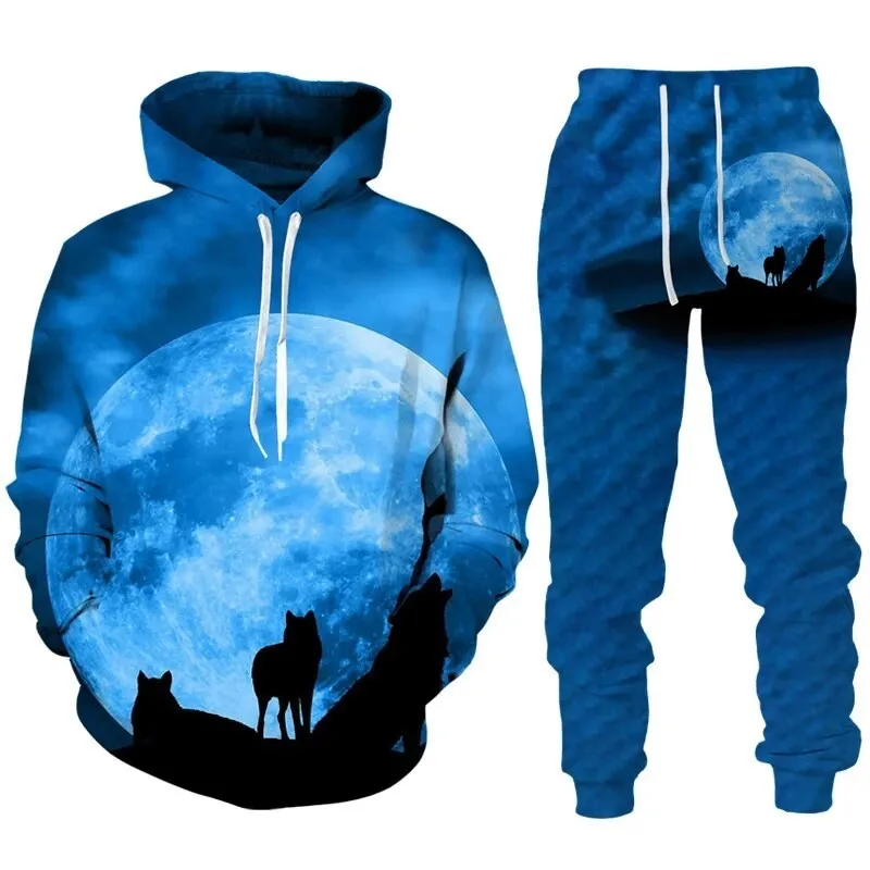 Autumn Men Animal Wolf Hoodie Printed Male Autumn Casual Sweatshirt Sweatpants Pullover Men Tracksuit Set Men\'s Clothing Suit