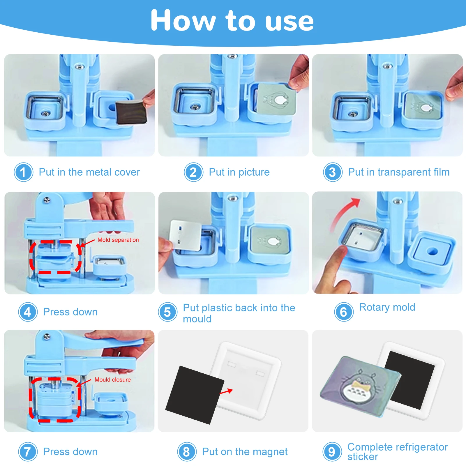 Square Photo Magnet Button Maker Kit 2''x2'' Badge Press Machine with 100 Sets Making Supplies Easy-to-Use Photo Magnet Maker