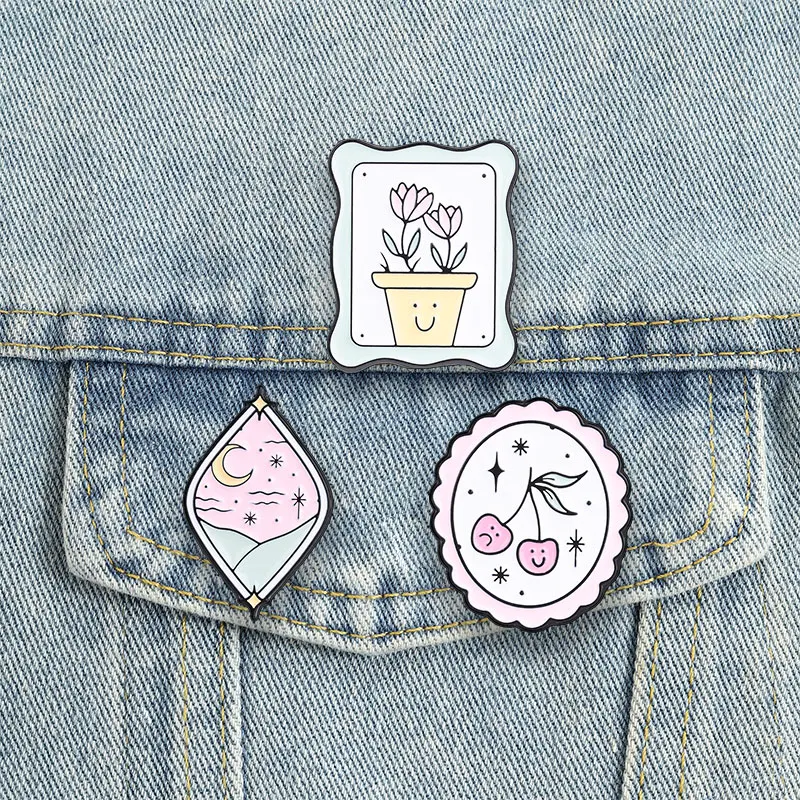 Smile Floral Cherry Night Sky Emaille-Pins Cartoon Niedliche Mond-Stern-Broschen Kawaii Anstecknadeln Topfblumen-Schmuck Geschenk
