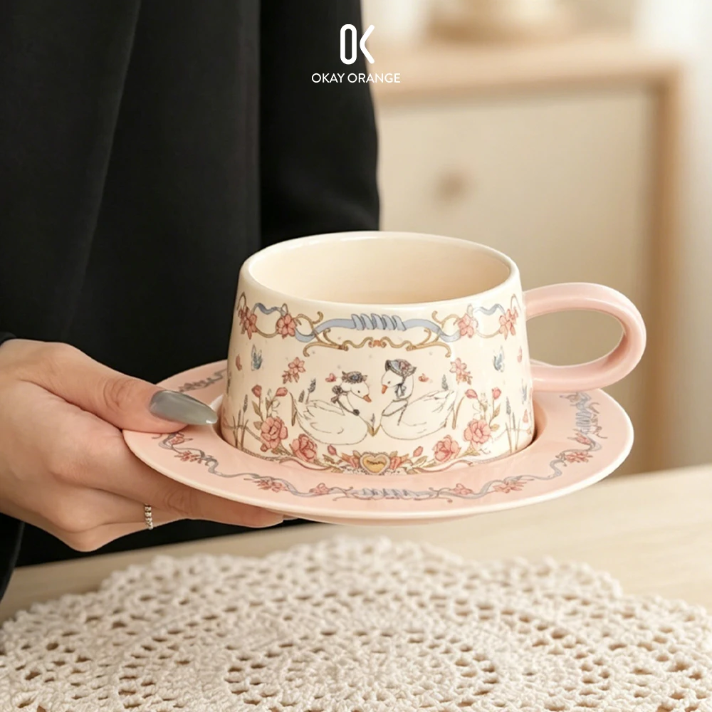 Vintage Pink Swan Ceramic Coff - Korean Tea Set review and price