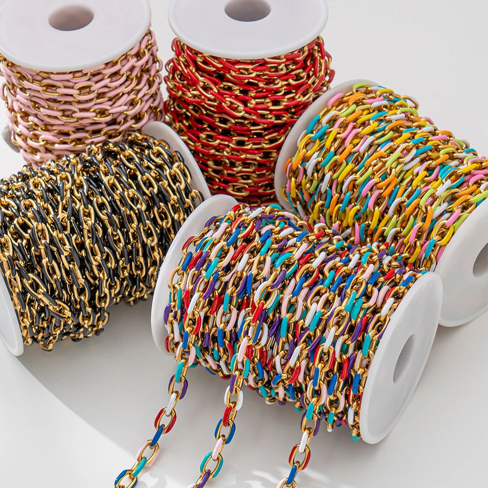 0.5m/1m  Gold Plated Stainless Steel Mixed Color Enamel Cable Link Chain for Women DIY Crafting Supplies Findings Jewelry Making