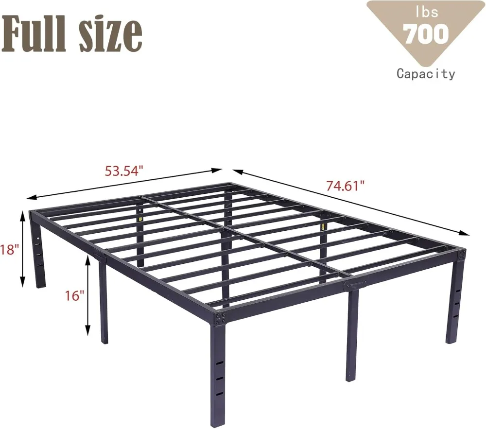 18-Zoll-Metallbettrahmen in voller Größe, robuste Plattform, geräuschlose Stahllattenunterstützung, einfache Montage, geräuschfrei, keine Boxspring