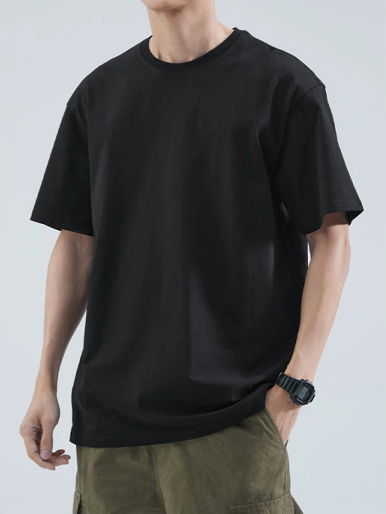 Man Short Sleeve T-shirts Dense Cotton Loose Clothing Tees Fashion Solid Color Unisex Tops O-neck Male Hip Hop Streetwear